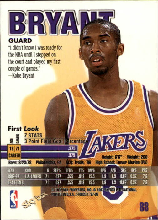 1997-98 Z-Force #88 Kobe Bryant back image