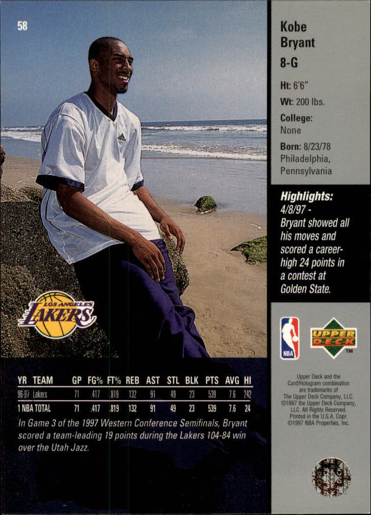 1997-98 Upper Deck #58 Kobe Bryant back image