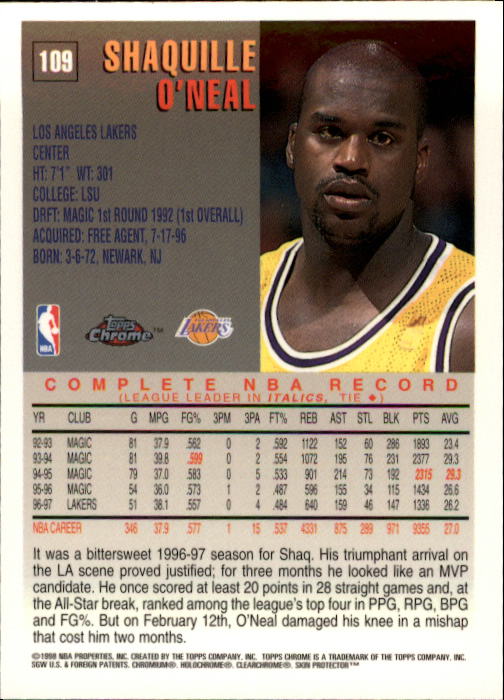 1997-98 Topps Chrome #109 Shaquille O'Neal back image