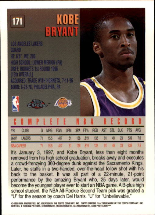 1997-98 Topps Chrome #171 Kobe Bryant back image