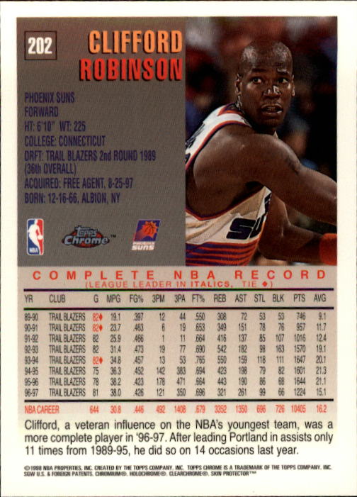 1997-98 Topps Chrome #202 Clifford Robinson back image