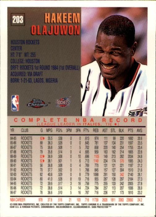 1997-98 Topps Chrome #203 Hakeem Olajuwon back image
