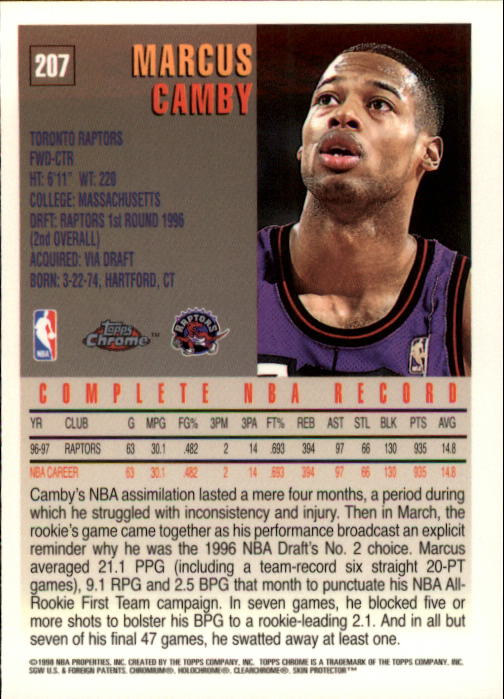 1997-98 Topps Chrome #207 Marcus Camby back image