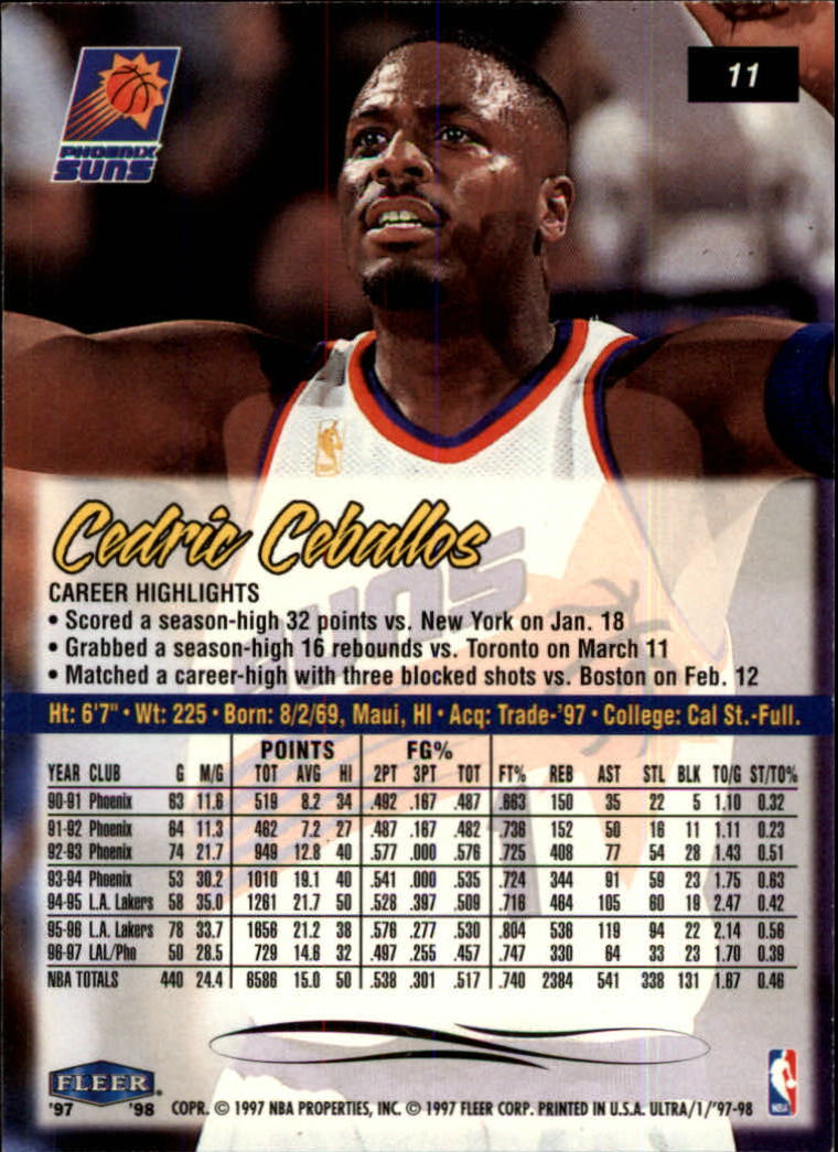 1997-98 Ultra #11 Cedric Ceballos back image