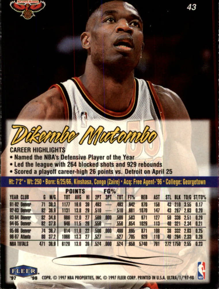 1997-98 Ultra #43 Dikembe Mutombo back image