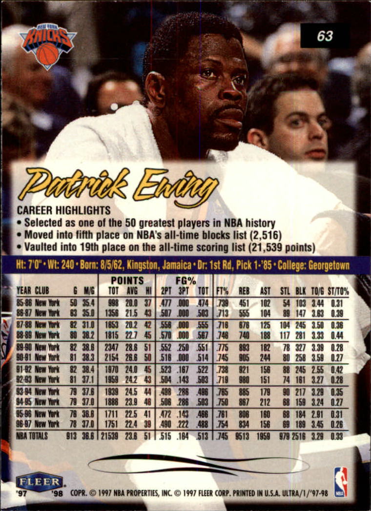 1997-98 Ultra #63 Patrick Ewing back image