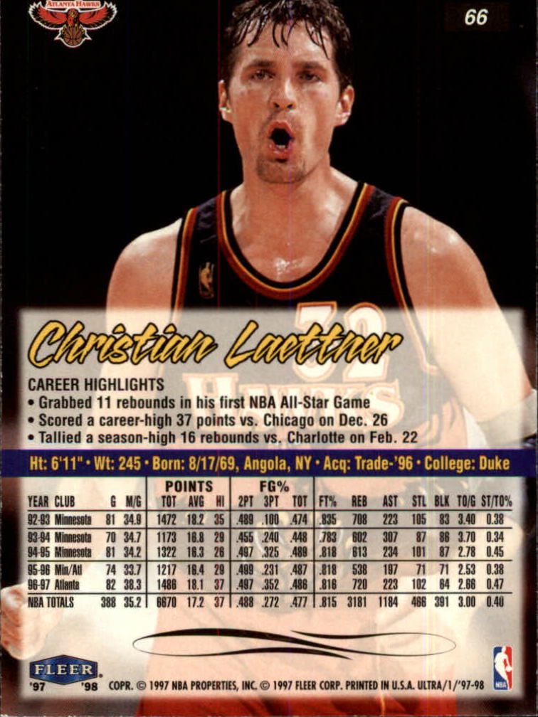 1997-98 Ultra #66 Christian Laettner back image