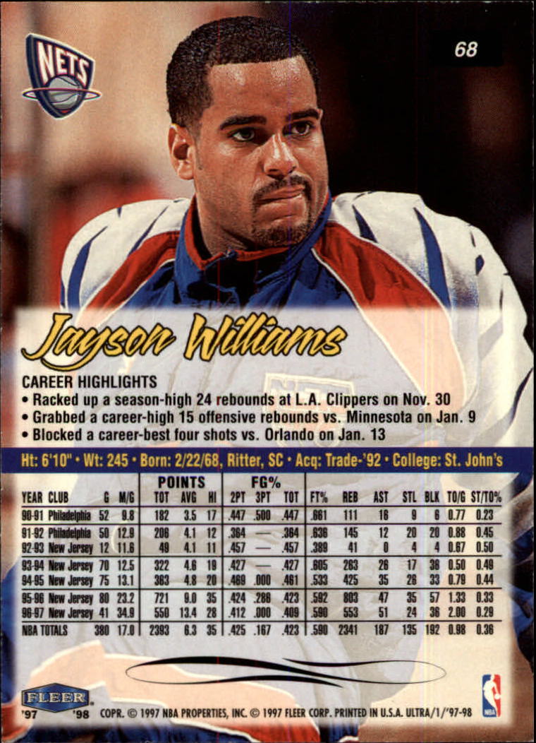 1997-98 Ultra #68 Jayson Williams back image
