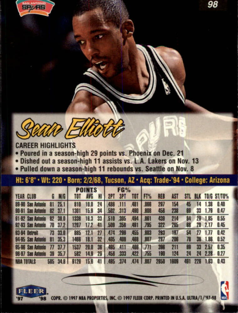 1997-98 Ultra #98 Sean Elliott back image
