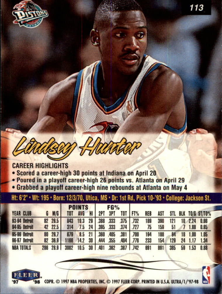 1997-98 Ultra #113 Lindsey Hunter back image