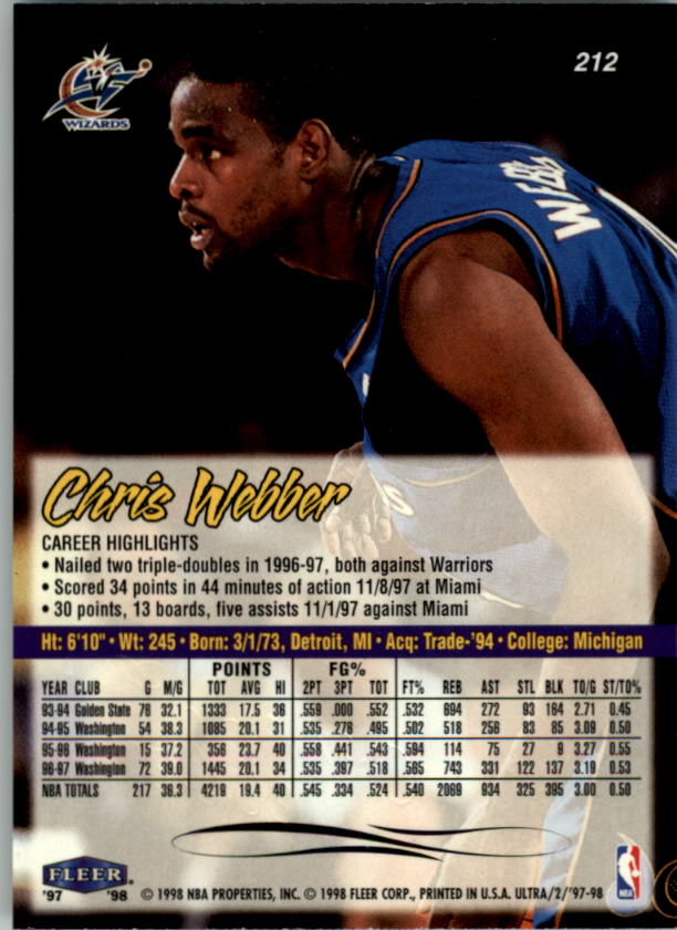 1997-98 Ultra #212 Chris Webber back image