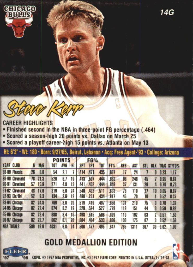 1997-98 Ultra Gold Medallion #14G Steve Kerr back image