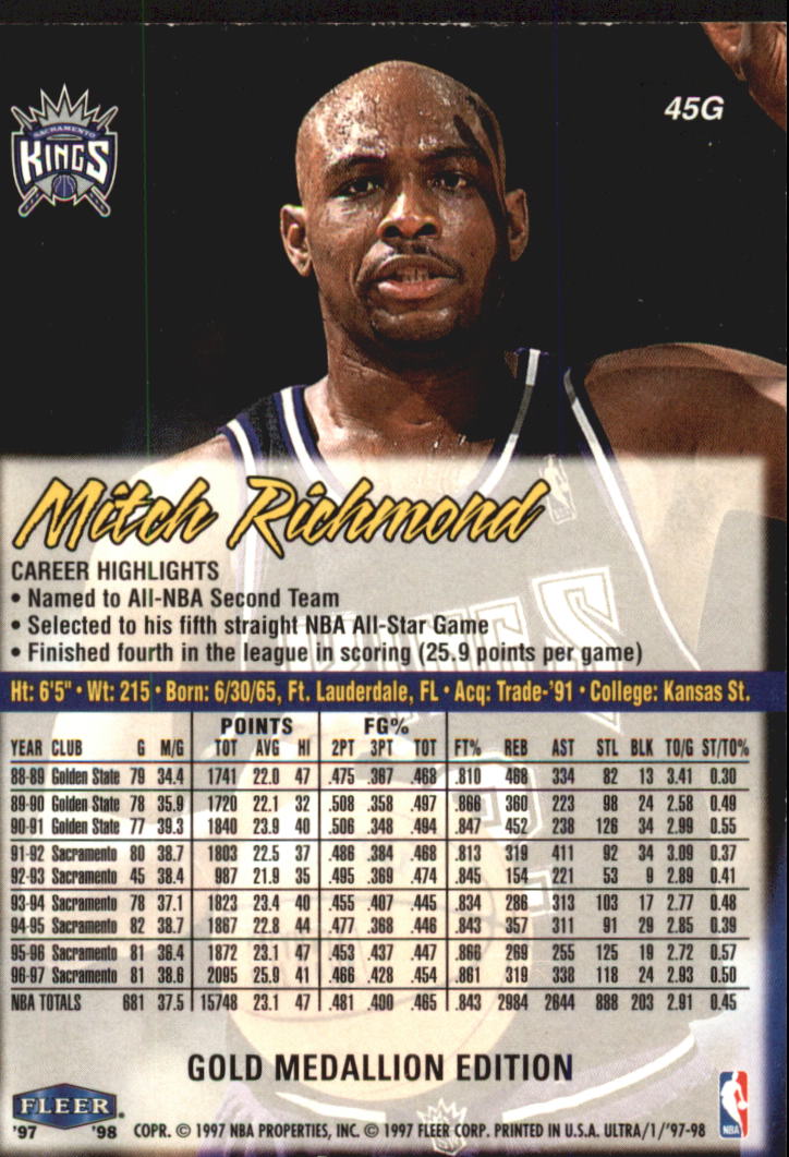 1997-98 Ultra Gold Medallion #45G Mitch Richmond back image