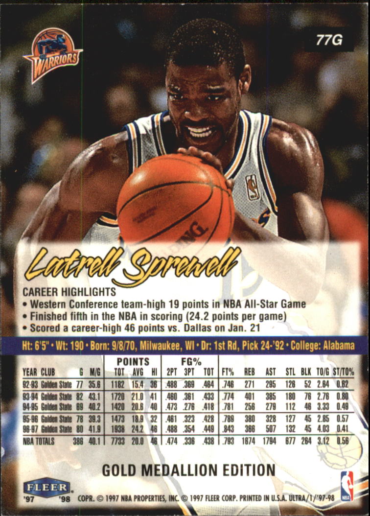 1997-98 Ultra Gold Medallion #77G Latrell Sprewell back image