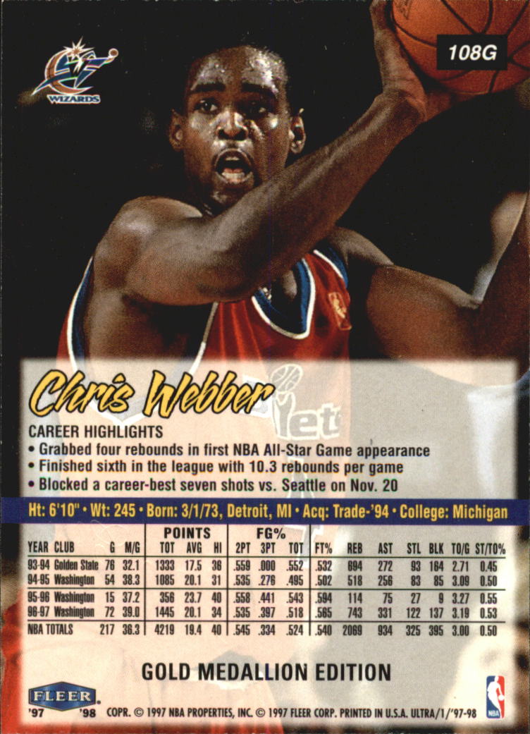 1997-98 Ultra Gold Medallion #108G Chris Webber back image