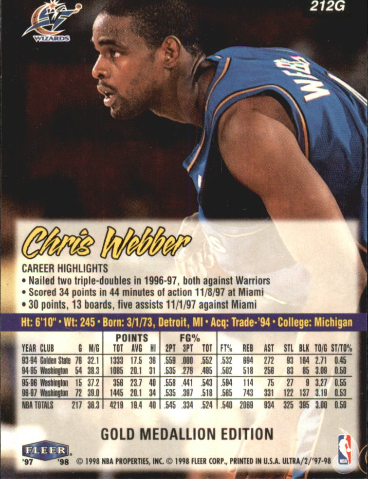 1997-98 Ultra Gold Medallion #212G Chris Webber back image