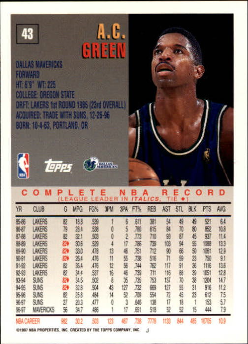 1997-98 Topps #43 A.C. Green back image