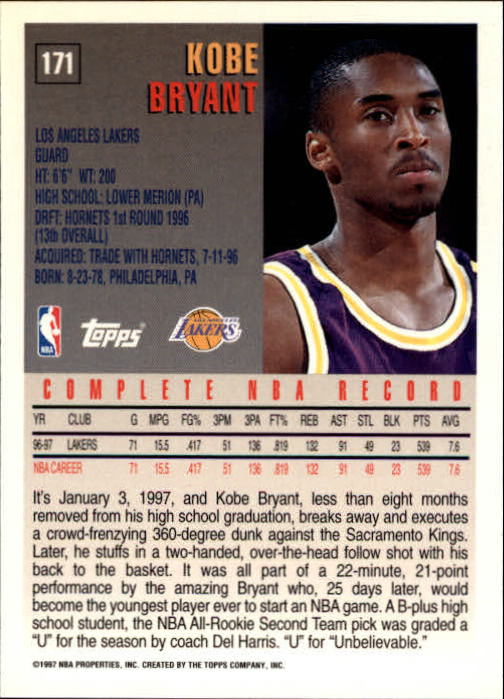 1997-98 Topps #171 Kobe Bryant back image