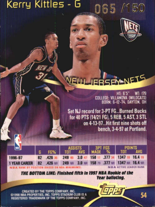 1997-98 Stadium Club One Of A Kind #54 Kerry Kittles back image