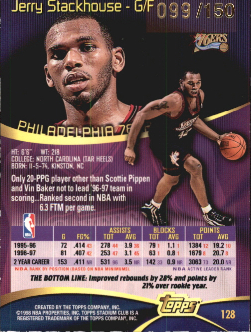 1997-98 Stadium Club One Of A Kind #128 Jerry Stackhouse back image