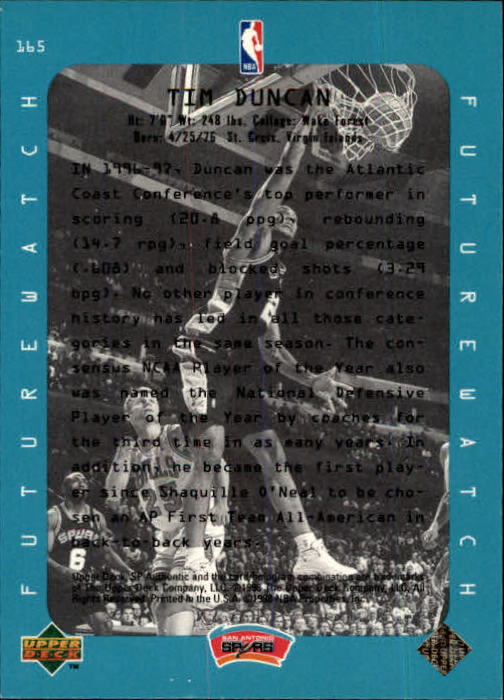 1997-98 SP Authentic #165 Tim Duncan FW back image