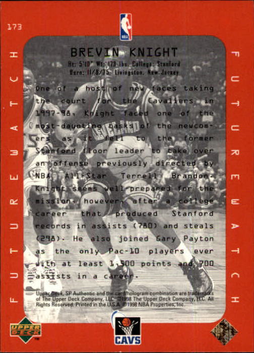 1997-98 SP Authentic #173 Brevin Knight FW back image