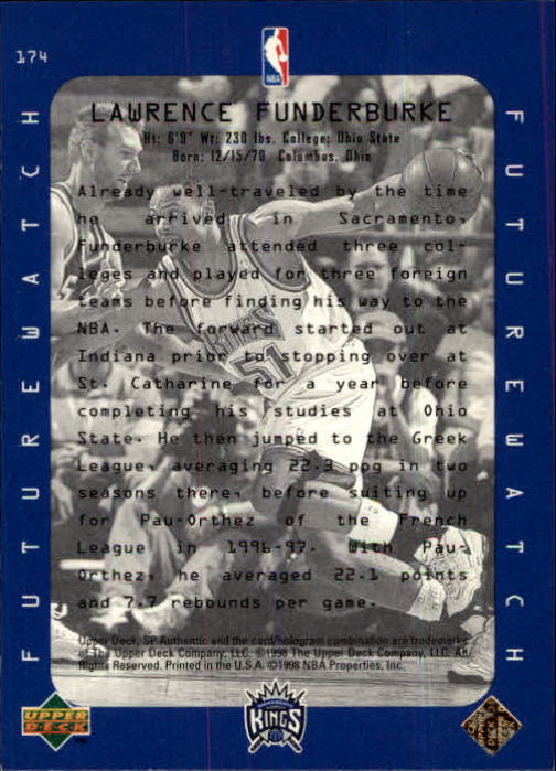 1997-98 SP Authentic #174 Lawrence Funderburke FW back image