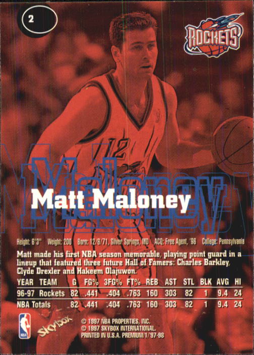1997-98 SkyBox Premium #2 Matt Maloney back image