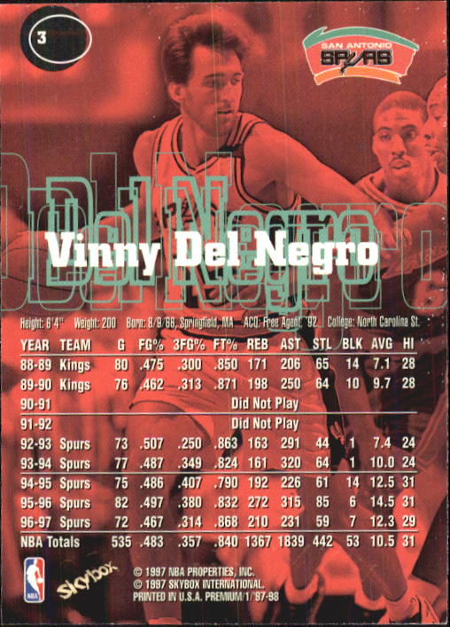 1997-98 SkyBox Premium #3 Vinny Del Negro back image
