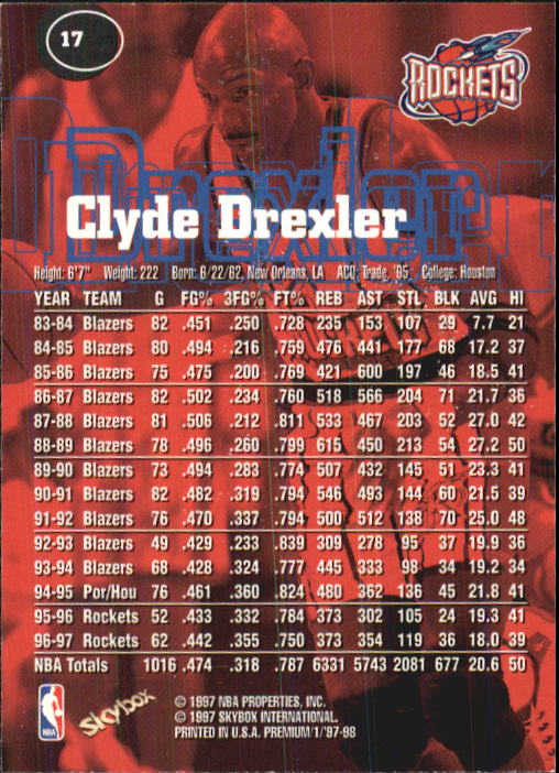 1997-98 SkyBox Premium #17 Clyde Drexler back image