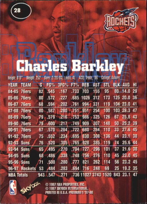 1997-98 SkyBox Premium #28 Charles Barkley back image
