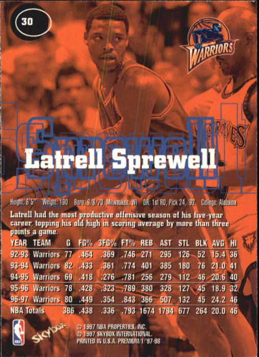 1997-98 SkyBox Premium #30 Latrell Sprewell back image