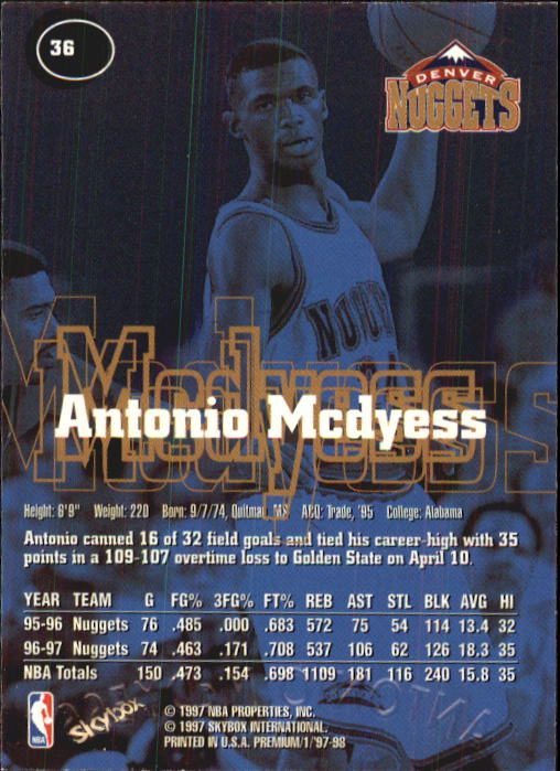 1997-98 SkyBox Premium #36 Antonio McDyess back image