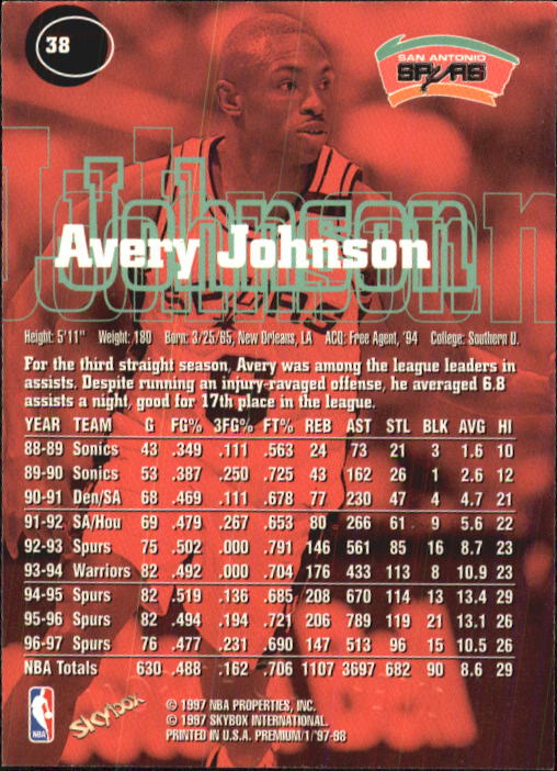 1997-98 SkyBox Premium #38 Avery Johnson back image