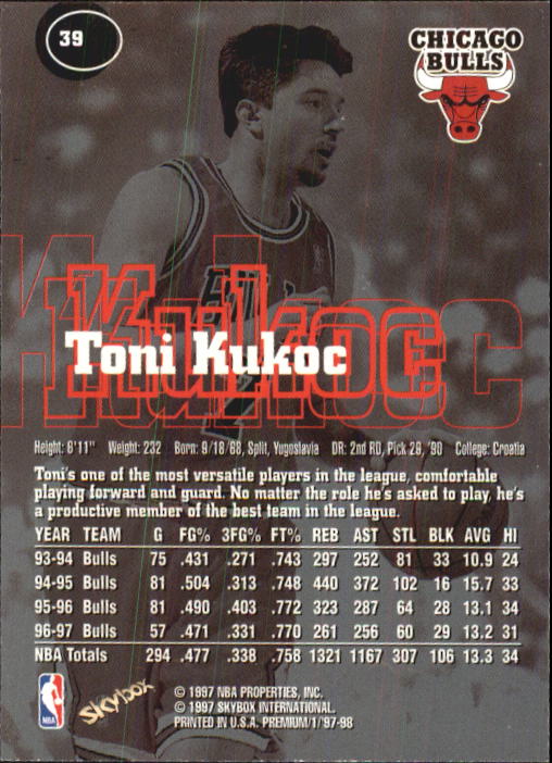 1997-98 SkyBox Premium #39 Toni Kukoc back image