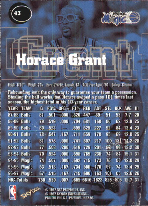 1997-98 SkyBox Premium #43 Horace Grant back image