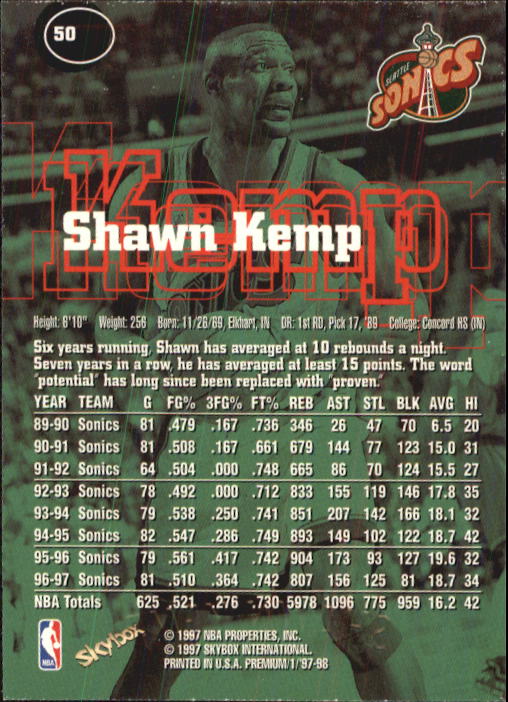 1997-98 SkyBox Premium #50 Shawn Kemp back image