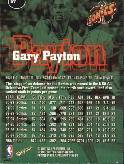 1997-98 SkyBox Premium #57 Gary Payton back image
