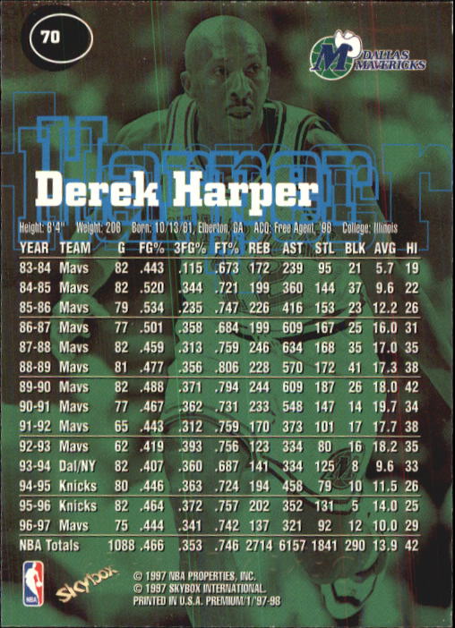 1997-98 SkyBox Premium #70 Derek Harper back image