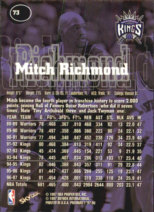 1997-98 SkyBox Premium #73 Mitch Richmond back image