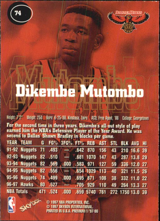 1997-98 SkyBox Premium #74 Dikembe Mutombo back image