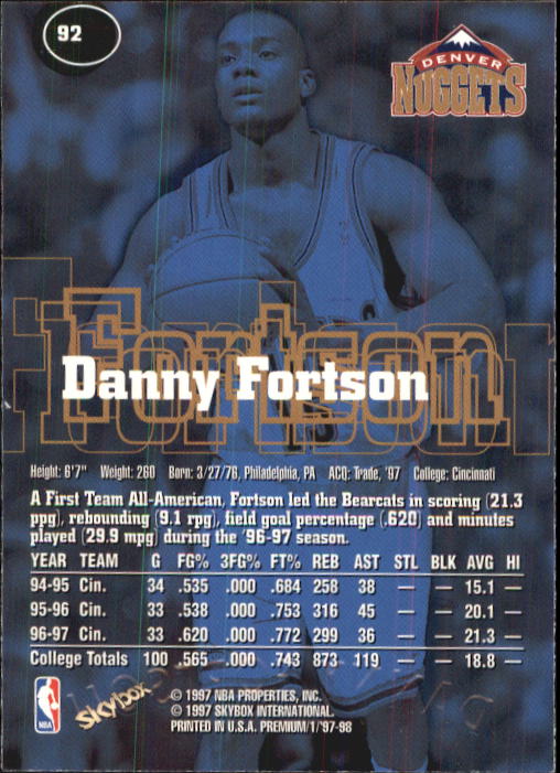 1997-98 SkyBox Premium #92 Danny Fortson RC back image
