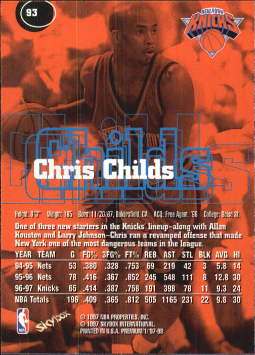 1997-98 SkyBox Premium #93 Chris Childs back image