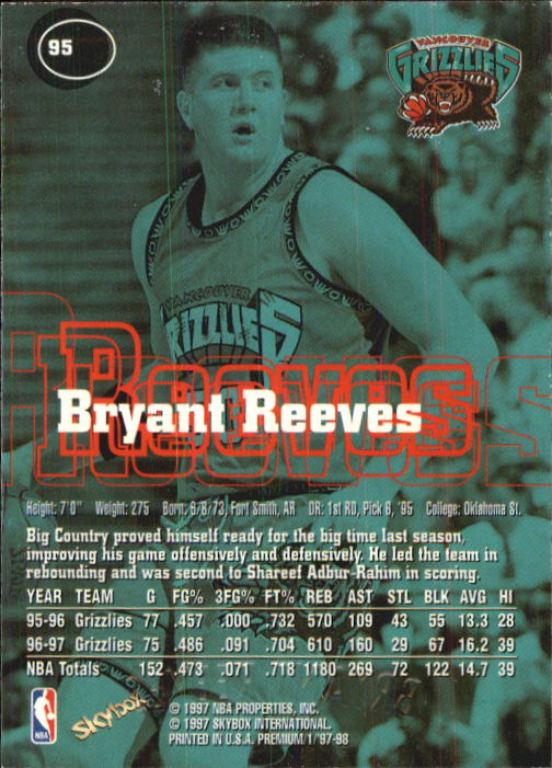 1997-98 SkyBox Premium #95 Bryant Reeves back image