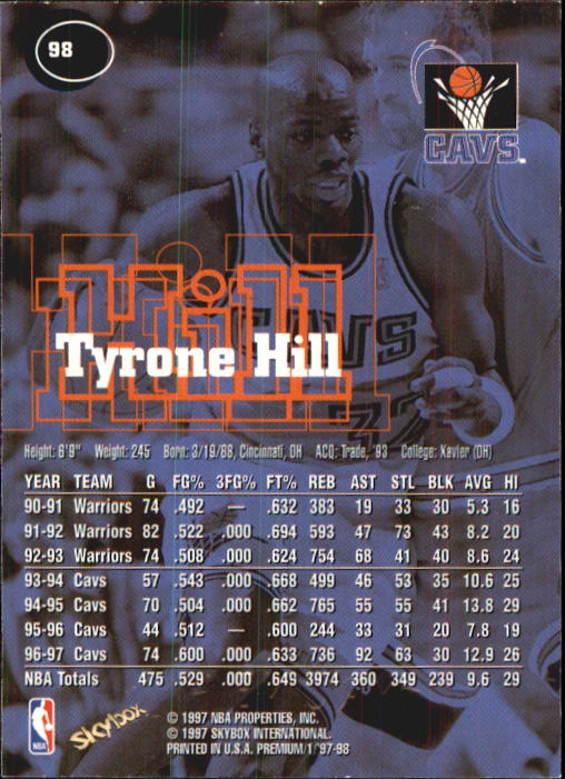 1997-98 SkyBox Premium #98 Tyrone Hill back image