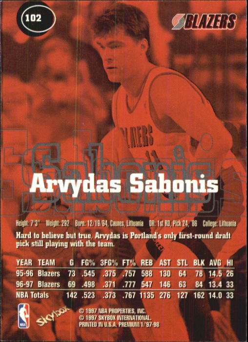 1997-98 SkyBox Premium #102 Arvydas Sabonis back image