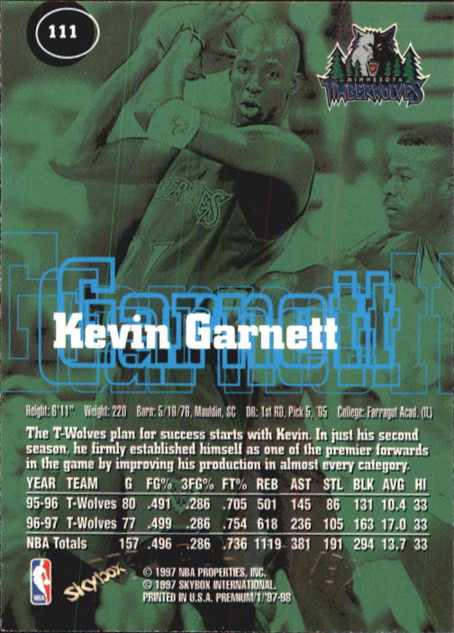 1997-98 SkyBox Premium #111 Kevin Garnett back image