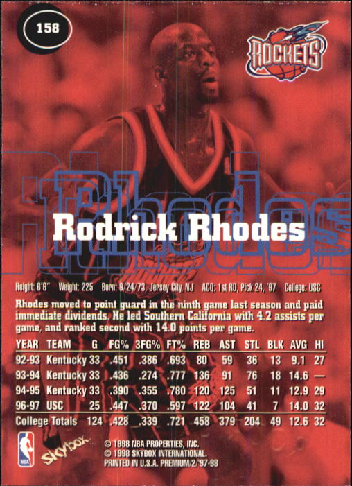 1997-98 SkyBox Premium #158 Rodrick Rhodes RC back image
