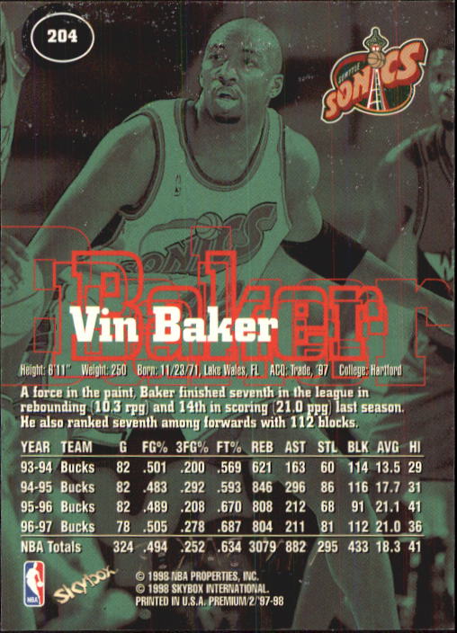1997-98 SkyBox Premium #204 Vin Baker back image