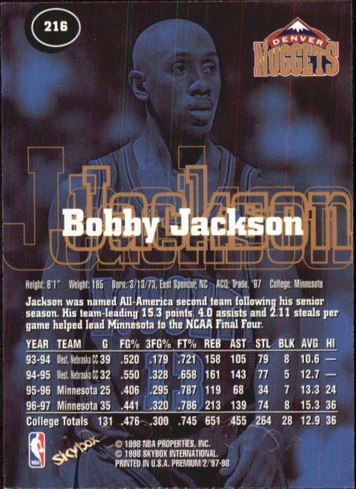 1997-98 SkyBox Premium #216 Bobby Jackson RC back image